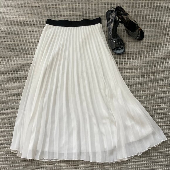 Shinestar White Pleated Midi Skirt with Black Waistband Pull On Medium - Picture 1 of 6